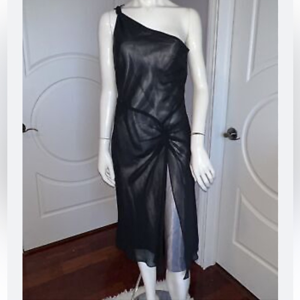 Karina nites, Elegant shimmer Black and gold One-Shoulder Dress, Size 16.